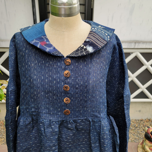 着物リメイク 古布 手作り 近江上布 チビセーラー ワンピース  