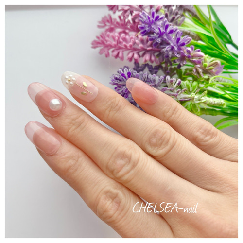 シアーピンク×パールお花ネイル ネイルチップ（つけ爪） CHELSEA