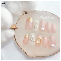 シアーピンク×パールお花ネイル ネイルチップ（つけ爪） CHELSEA