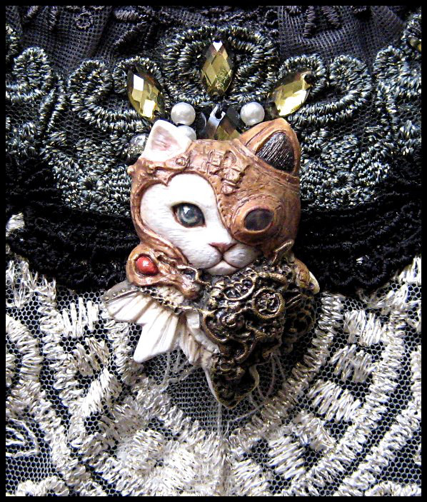 ~不思議の国の蒸気部屋~  アリスの子猫　立体画　ブローチ仕様　不思議の国のアリス　スチームパンク　ゴーグル