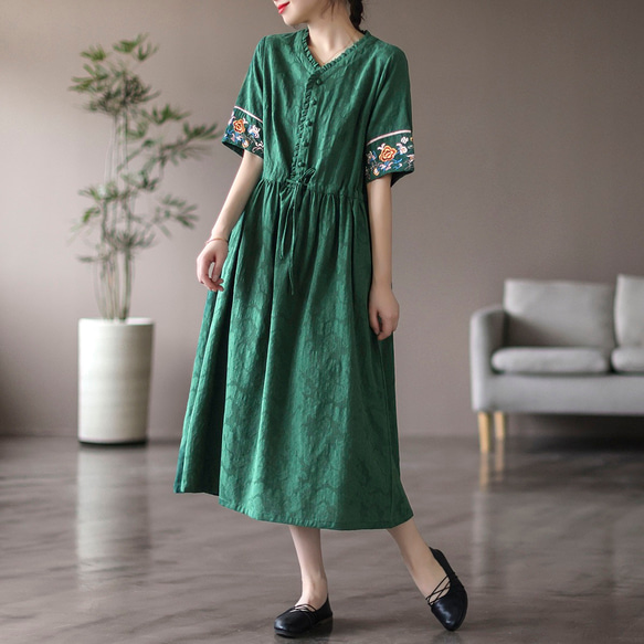 袖周り刺繍ワンピース 綿麻ワンピース半袖 高品質のジャカード 5