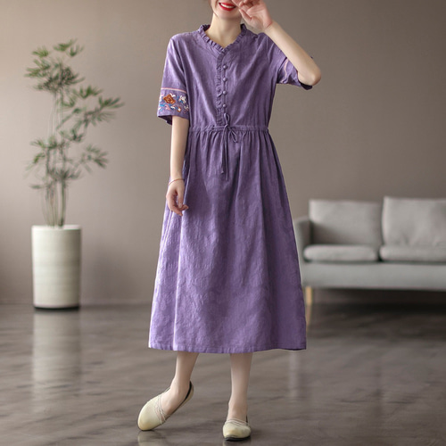 袖周り刺繍ワンピース 綿麻ワンピース半袖 高品質のジャカード 5