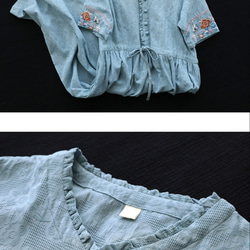 袖周り刺繍ワンピース  綿麻ワンピース半袖 高品質のジャカード 5色[青 紫 緑 紺 オレンジ] 11枚目の画像