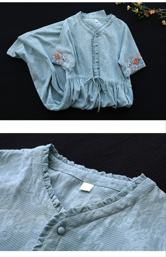 袖周り刺繍ワンピース  綿麻ワンピース半袖 高品質のジャカード 5色[青 紫 緑 紺 オレンジ] 11枚目の画像