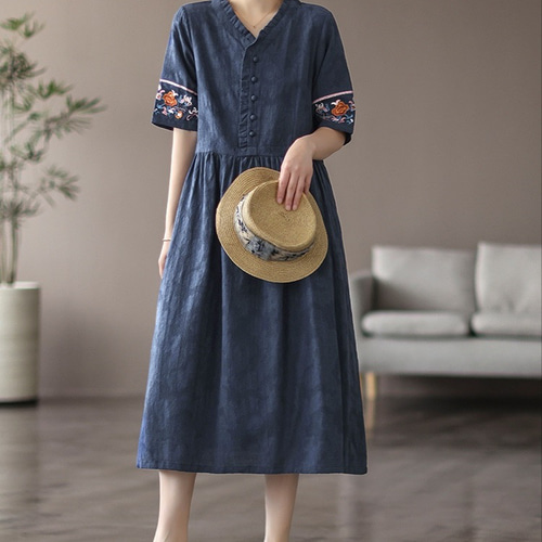 袖周り刺繍ワンピース 綿麻ワンピース半袖 高品質のジャカード 5色[青