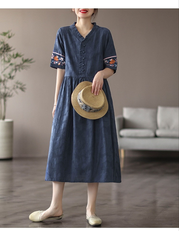 袖周り刺繍ワンピース  綿麻ワンピース半袖 高品質のジャカード 5色[青 紫 緑 紺 オレンジ] 5枚目の画像