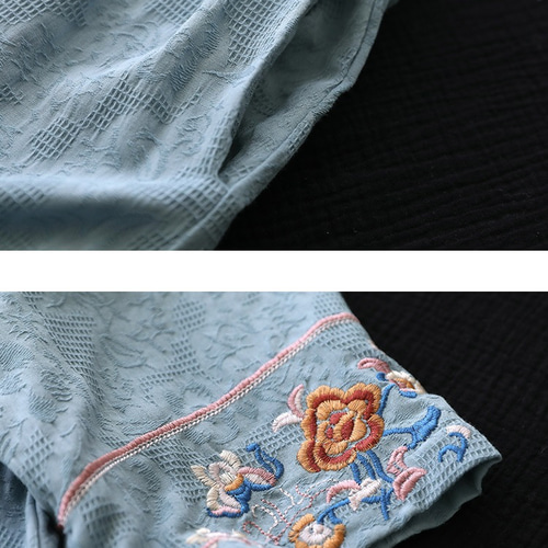 袖周り刺繍ワンピース 綿麻ワンピース半袖 高品質のジャカード 5色[青