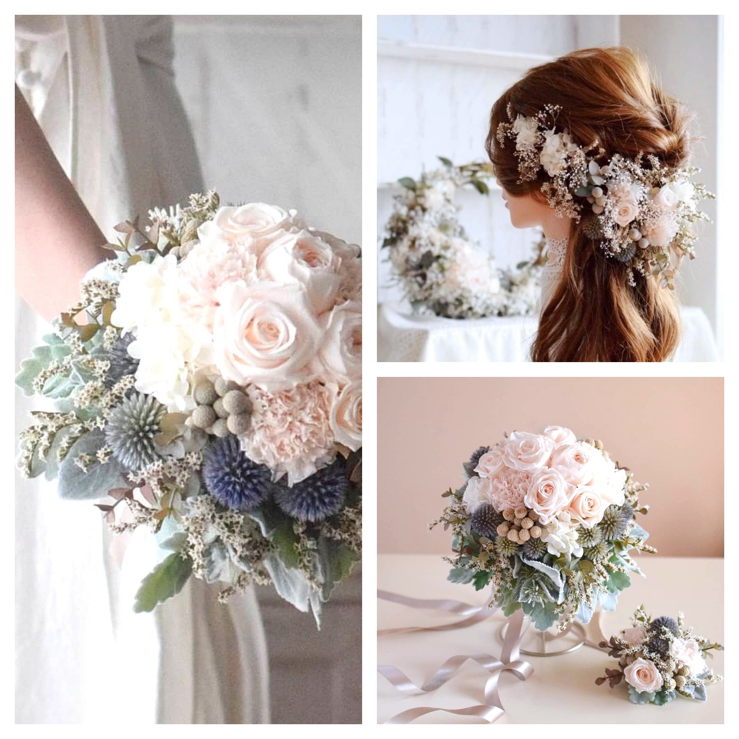 ⋆くまさん様専用 お申込み欄⋆ くすみクリーム：野の花ブーケ(ボリュームup)⋆ブートニア⋆ヘッドドレス 3点set