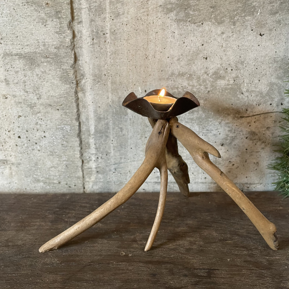 流木とアンティーク蝋燭受け皿のキャンドルホルダー 004 キャンドル