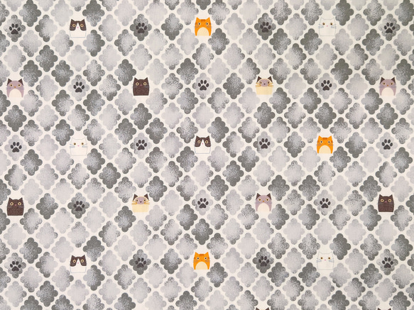 オックス生地【50×110cm】 モロッカン柄 猫柄 ねこ ネコ 水彩風 ダイヤ 布 グレー 2枚目の画像