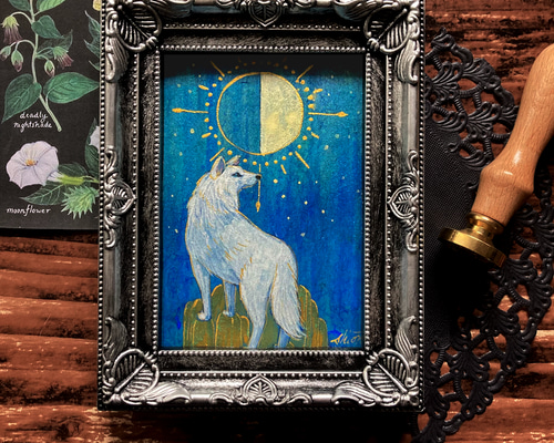 月とオオカミの絵画 半月 /インテリアアート 月の絵 星 狼 おしゃれ