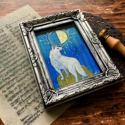 月とオオカミの絵画　半月　/インテリアアート　月の絵　星　狼　おしゃれ 2枚目の画像