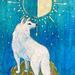 月とオオカミの絵画　半月　/インテリアアート　月の絵　星　狼　おしゃれ 4枚目の画像