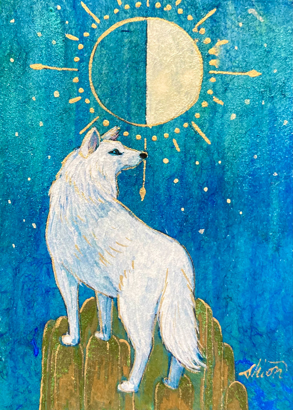月とオオカミの絵画　半月　/インテリアアート　月の絵　星　狼　おしゃれ 4枚目の画像