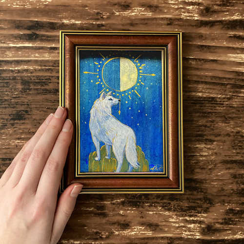 絵画　月 月とオオカミの絵画 半月 /インテリアアート 月の絵 星 狼