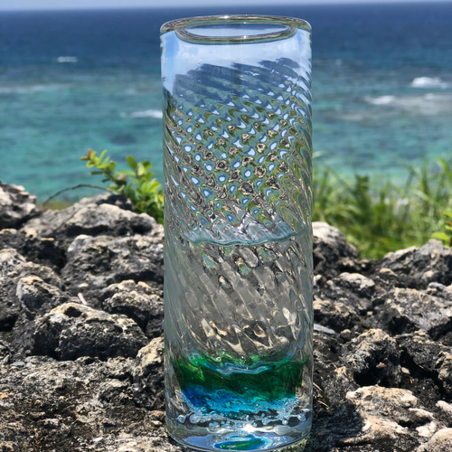琉球ガラス 花瓶 「風浪花瓶」水緑 新規出店、送料無料キャンペーン