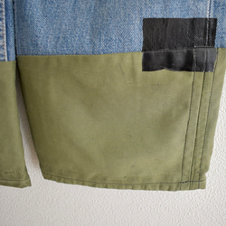パッチワークジーンズ リメイク / ミリタリー素材ハギレ （FRANCE 501ベース）カーキー ウォッシュドインディゴ 8枚目の画像