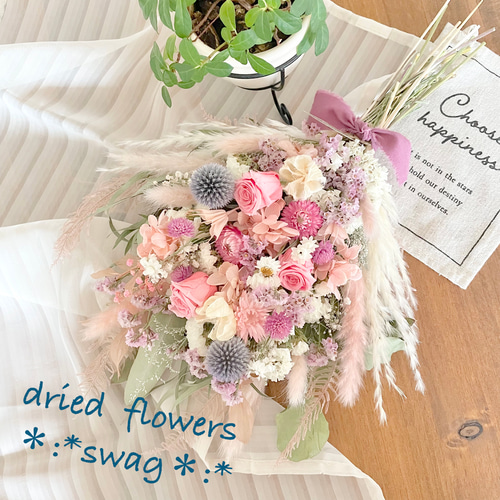 ドライフラワー スワッグ❁¨̮ ヘリクリサム 薔薇 ピンク 白 スターチス  