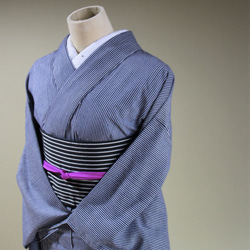 藍染浴衣　濃紺×グレー　さっぱりした細いストライプが粋　小柄さん向け　お袖ロング　裄66ｃｍ　木綿 12枚目の画像