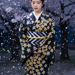 変わり織浴衣 黒地に黄桜が凛として大人かっこいい雰囲気 振袖浴衣