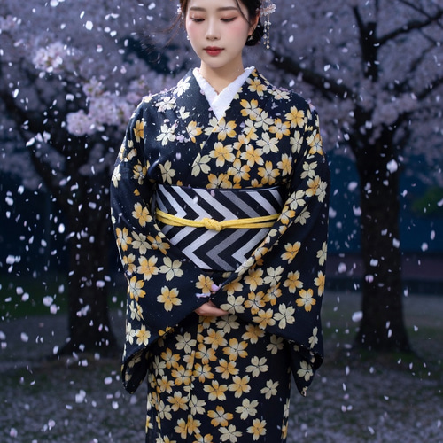 変わり織浴衣 黒地に黄桜が凛として大人かっこいい雰囲気 振袖浴衣