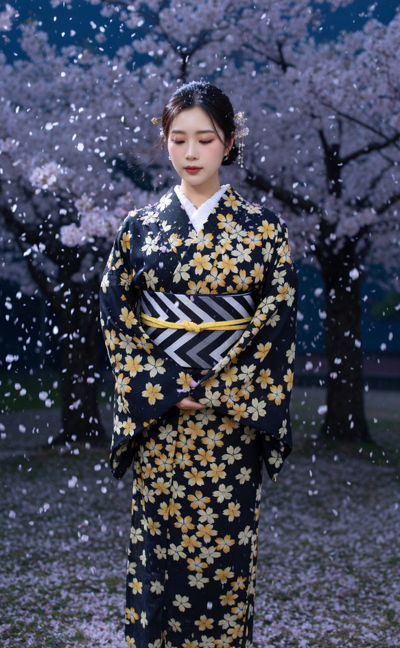 変わり織浴衣 黒地に黄桜が凛として大人かっこいい雰囲気 振袖浴衣