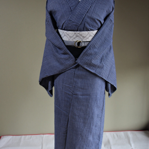 ◇かんたん着物◇型染浴衣 濃紺の縞がさっぱりと大人シンプル 袖
