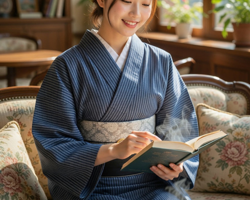 ◇かんたん着物◇型染浴衣 濃紺の縞がさっぱりと大人シンプル 袖長め