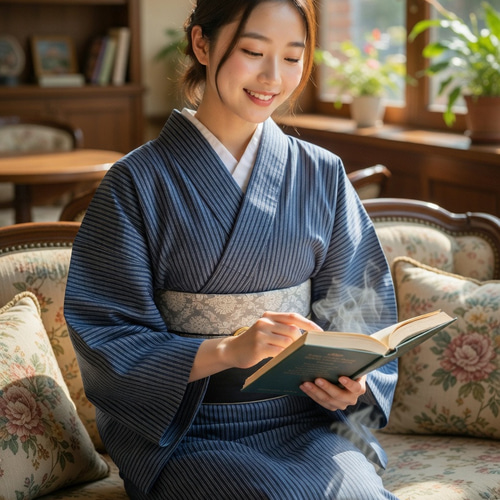 ◇かんたん着物◇型染浴衣 濃紺の縞がさっぱりと大人シンプル 袖長め