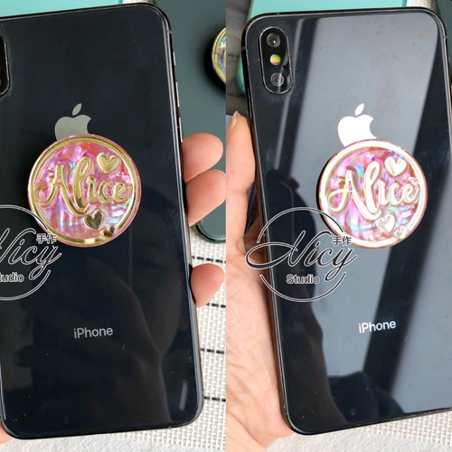名入れ♡キラキラホワイトカラフルシェル✨ポップソケット付き♡iPhoneケース 名入れ♡キラキラホワイトカラフルシェル✨ポップソケット付き