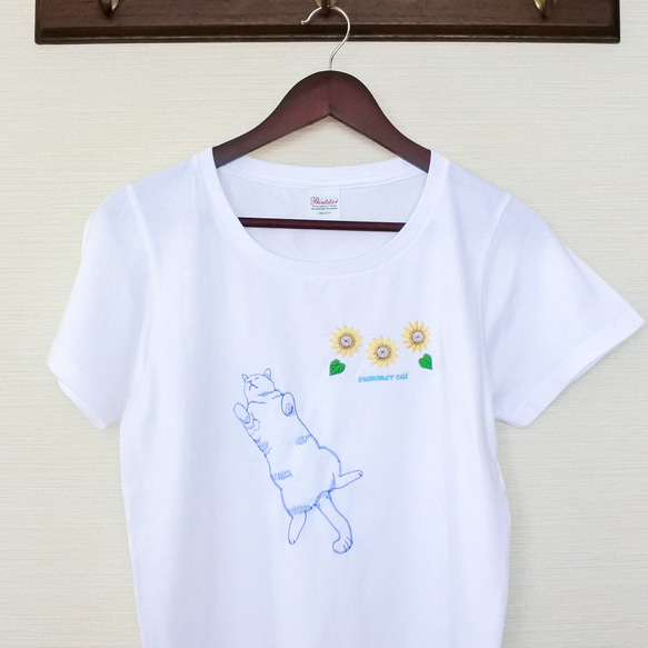 へそ天猫とひまわりの刺繍Tシャツ／白／半袖 9枚目の画像