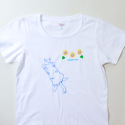 へそ天猫とひまわりの刺繍Tシャツ／白／半袖 5枚目の画像