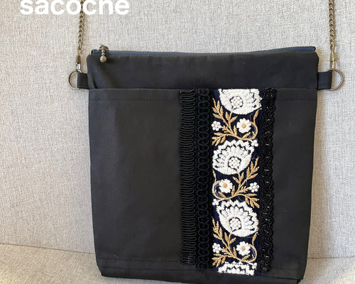 帆布】インド刺繍リボンのサコッシュ☆黒 サコッシュ fu.wa.ran