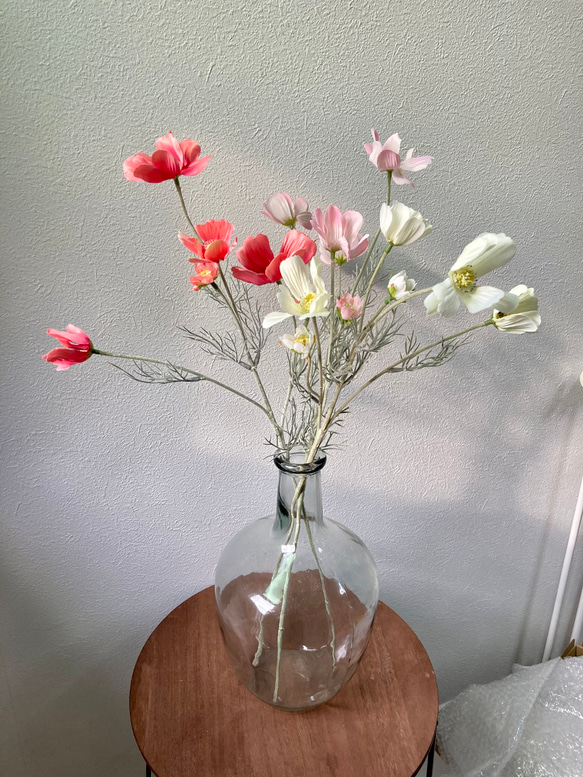 [送料込み]コスモス　フェイクグリーン 3本　ホワイト　ソフトピンク　オールドローズ 花　 1枚目の画像