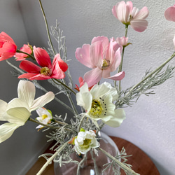 [送料込み]コスモス　フェイクグリーン 3本　ホワイト　ソフトピンク　オールドローズ 花　 2枚目の画像