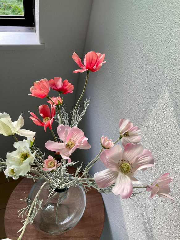 [送料込み]コスモス　フェイクグリーン 3本　ホワイト　ソフトピンク　オールドローズ 花　 4枚目の画像