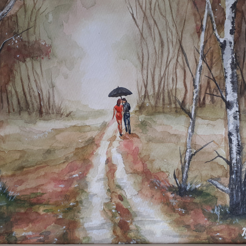 水彩画 晩秋の散歩 絵画 makochin 通販 13932798｜Creema(クリーマ)