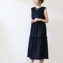 [深藍色] 可水洗的優質羊毛混紡疊層長連身裙♪ 第4張的照片