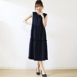 [深藍色] 可水洗的優質羊毛混紡疊層長連身裙♪ 第5張的照片
