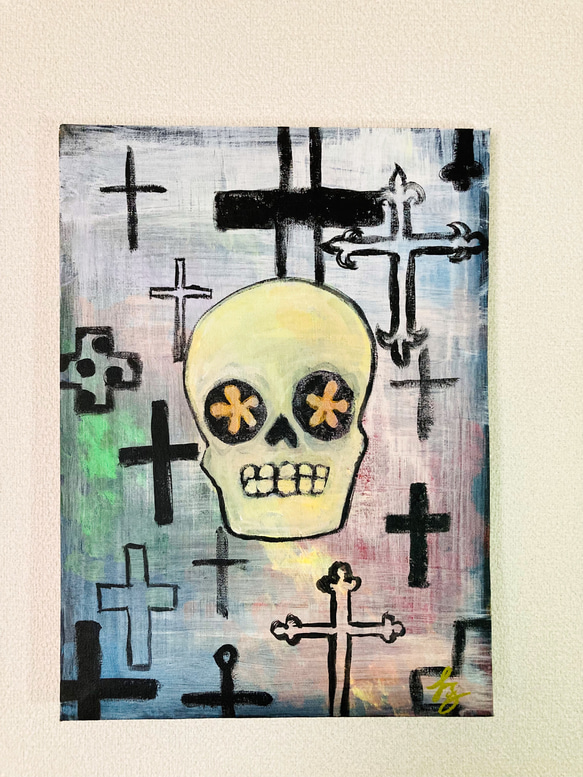 アートパネル　原画　髑髏　骸骨　skull　crucifix　おしゃれ絵画　　 1枚目の画像