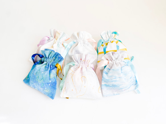 やさしい色の巾着袋　絵の具で描いたオリジナル生地　夏の記憶 5枚目の画像