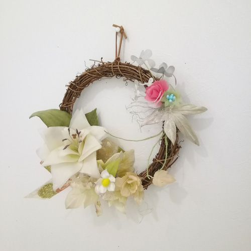 【染め布花】布染め花いろいろ　花束　リース　コサージュ　インテリア素材 染め布花＊アンティーク・八重チューリップのリース リース ｱﾄﾘｴ