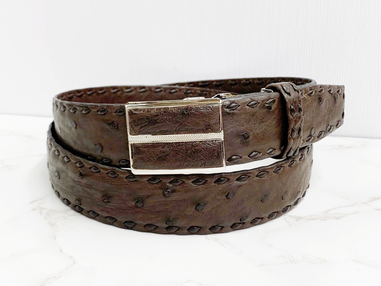 日本製　クライン・カルー　オーストリッチ　３５㎜巾　手縫い　肚無双　上質　ベルト　真鍮磨き上げ金具　エキゾチックレザー