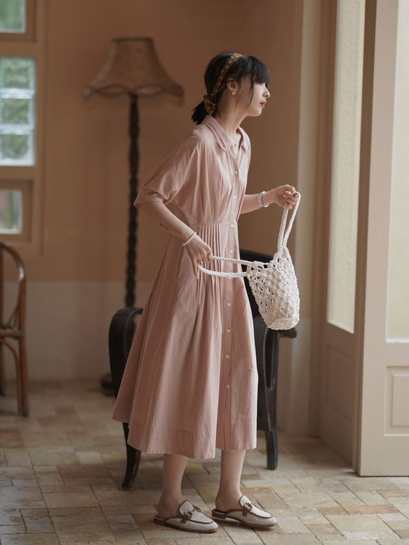 灰粉色捏褶連衣裙|洋裝|夏款|亞麻混紡|Sora-941 第2張的照片