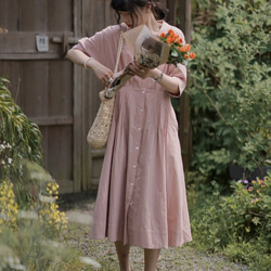 灰粉色捏褶連衣裙|洋裝|夏款|亞麻混紡|Sora-941 第16張的照片