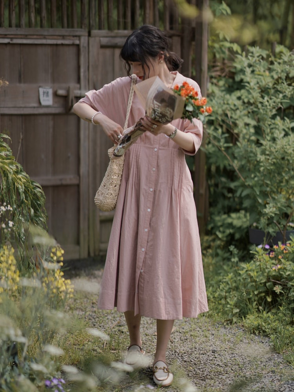 灰粉色捏褶連衣裙|洋裝|夏款|亞麻混紡|Sora-941 第16張的照片