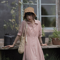 灰粉色捏褶連衣裙|洋裝|夏款|亞麻混紡|Sora-941 第13張的照片