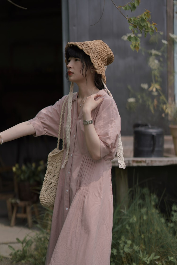 灰粉色捏褶連衣裙|洋裝|夏款|亞麻混紡|Sora-941 第14張的照片