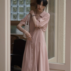 灰粉色捏褶連衣裙|洋裝|夏款|亞麻混紡|Sora-941 第5張的照片