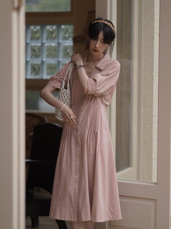 灰粉色捏褶連衣裙|洋裝|夏款|亞麻混紡|Sora-941 第5張的照片